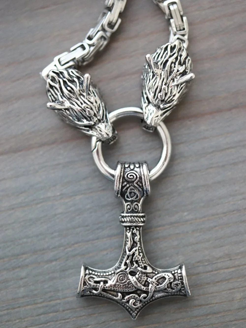 Thor Hammer Viking Style with Wolf Byzantine Chain Necklace Silver Stainless